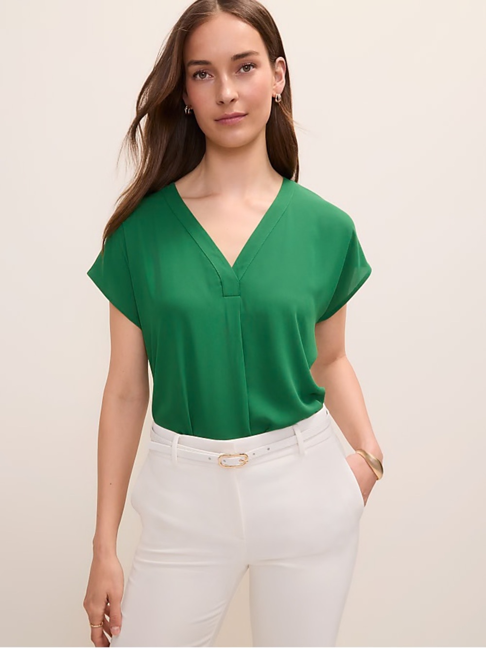 Ann Taylor Green Mixed Media Pleat Front Top